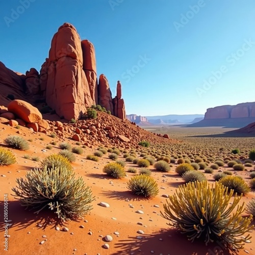 Jagged rocks, sparse scrub brush, arid landscape, weathered rock, sunbaked