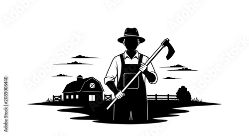 Photos Farmer stands holding a garden hoe in front of a rustic barn structure on a rural farm property