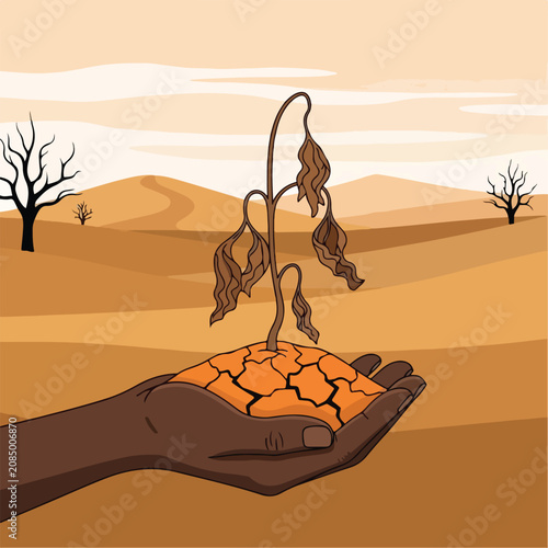 Hand holding dead plant in cracked earth. Drought illustration. Climate change concept. Environmental crisis.