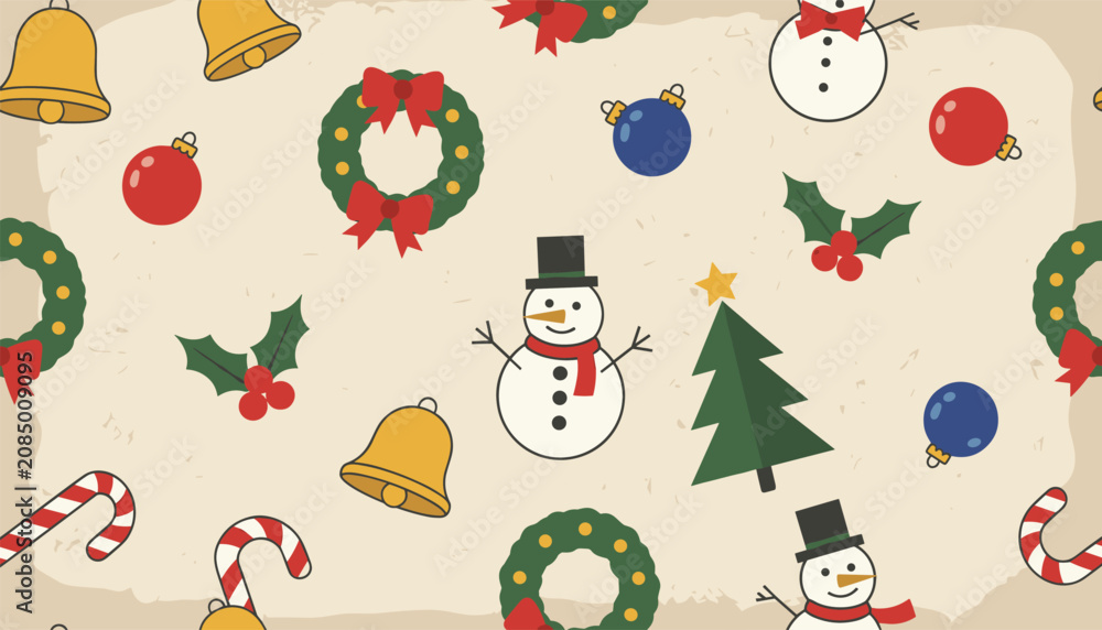 Fototapeta premium Cheerful Christmas pattern includes snowmen, wreaths, trees, bells, and ornaments on a textured beige background for a festive holiday mood.