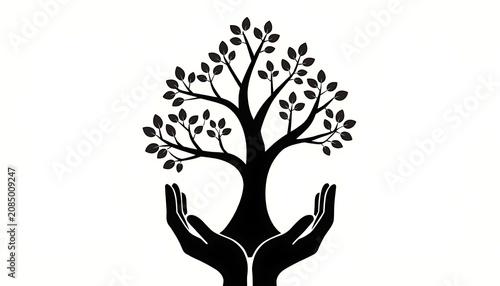 Black tree icon held in human hands illustration
