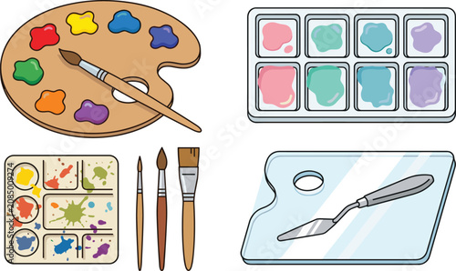 Artist painting tools collection featuring watercolor palette, paint palette, brushes, palette knife and creative art supplies vector illustration