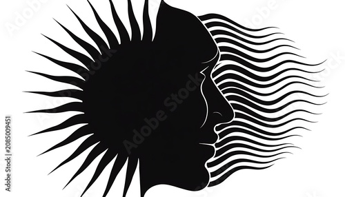 Abstract human head silhouette with sun rays and wavy lines illustration