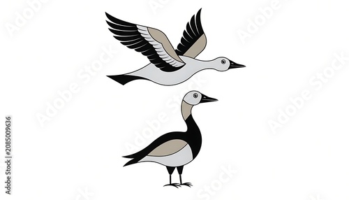 Two wild geese flying and standing in a simple vector style illustration