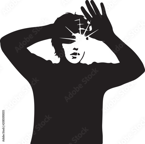 Black silhouette of a person protecting their face with hands from bright light