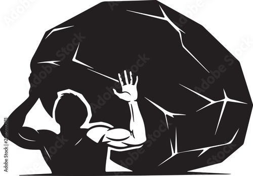 Strong man pushing a heavy rock boulder illustration in black and white style