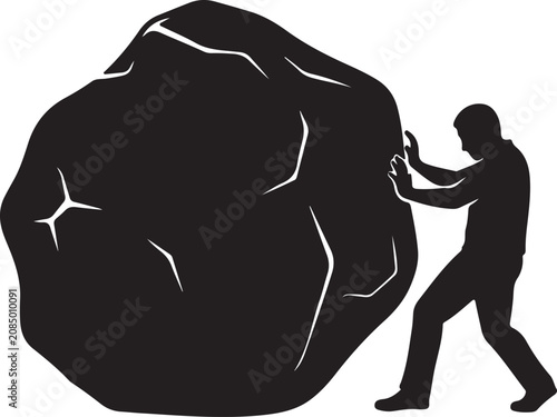 Man silhouette pushing a heavy rock boulder uphill as a concept of hard work