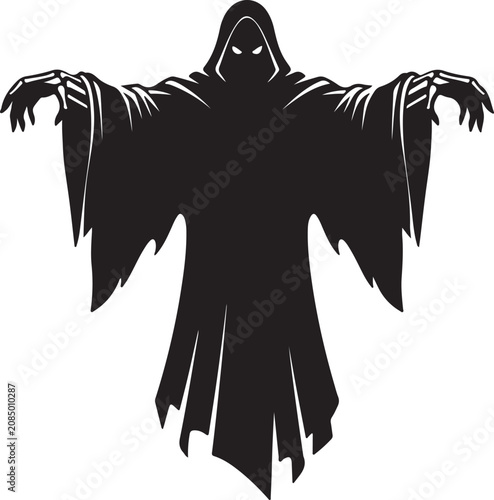 Black hooded phantom ghost with reaching skeleton hands for halloween design