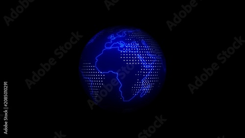 Foto Glowing blue digital globe with continents outlined in light on a black backgrou
