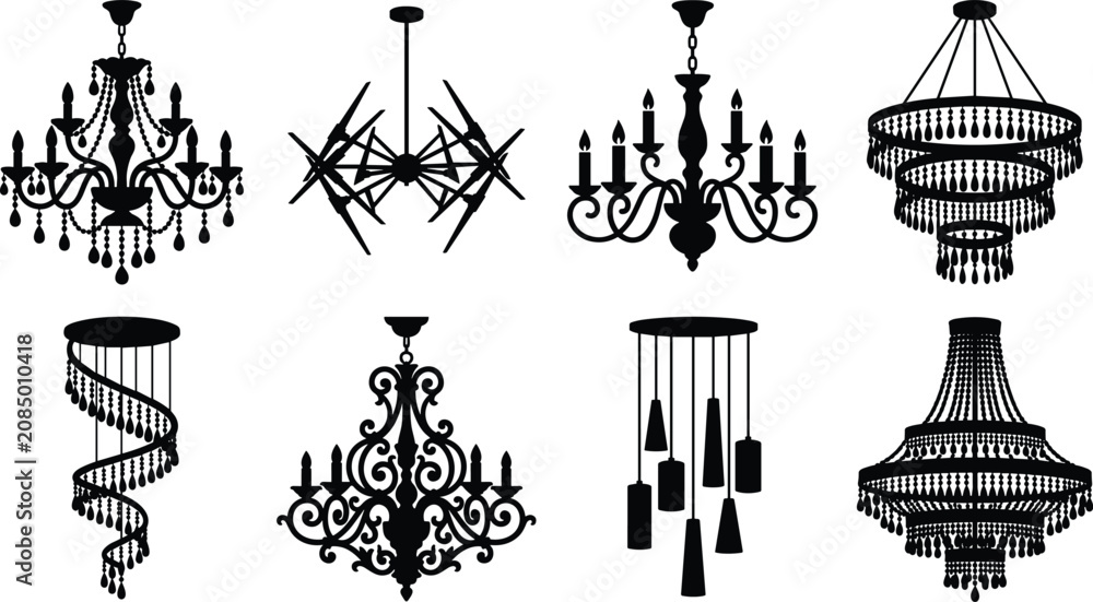 Naklejka premium Black silhouettes of various chandeliers and light fixtures decorative lighting