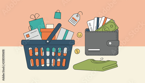 Digital health and lifestyle shopping concept featuring a basket filled with pharmaceutical products alongside a full wallet and clothing.