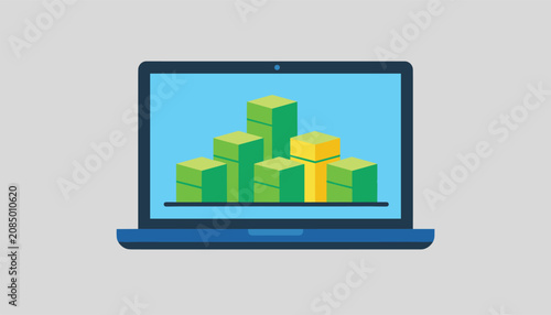 Financial growth and online investment concept showing a laptop with a screen displaying stacks of money as a bar graph.