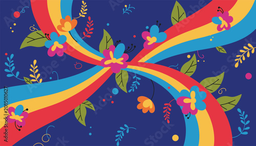 Vibrant retro style nature background with colorful rainbow stripes blooming flowers and green leaves on a dark blue backdrop.