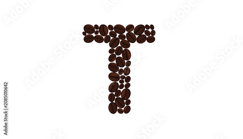 Capital letter t uniquely designed using various shapes and sizes of roasted coffee beans isolated on a white background.
