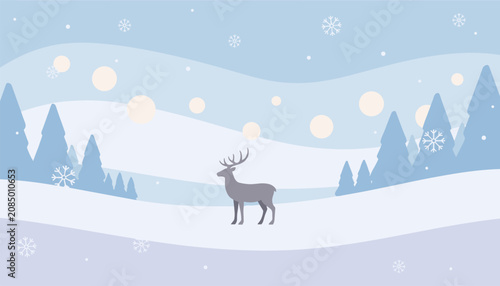 Serene winter landscape with a deer standing on a snow covered hill surrounded by blue pine trees and falling snowflakes.