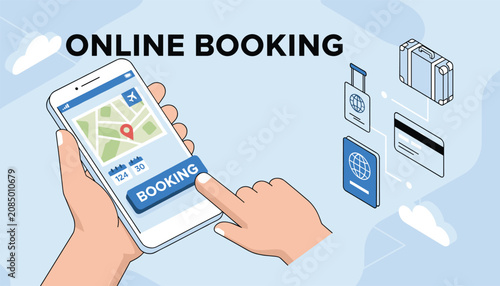 Online travel booking concept with a hand using a smartphone app for trip planning surrounded by essential travel documents.