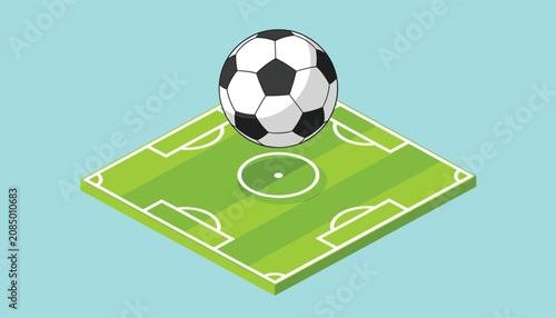 Isometric view of a classic black and white soccer ball positioned over a professional green football field with white markings.