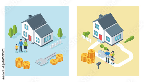 Real estate investment and home ownership concept showing families with their new house, keys, and saved money.
