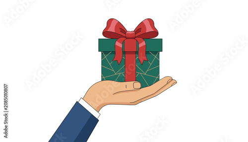 Corporate gifting and business appreciation concept with a hand in a formal suit holding a beautifully wrapped gift box.