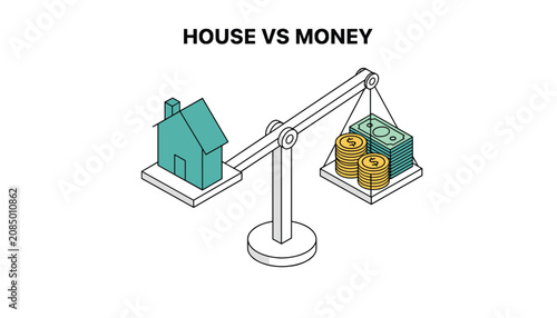 Real estate valuation and house versus money comparison on a balance scale for investment and property market analysis.