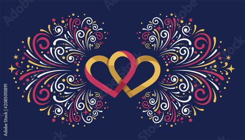 Romantic intertwined hearts with golden and red fireworks on a deep blue background for weddings and anniversaries.