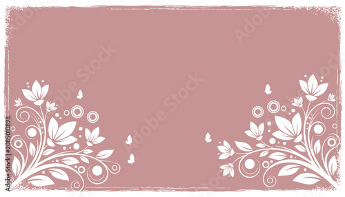 Elegant white floral scroll border with butterflies on a textured dusty pink background for vintage style invitations.