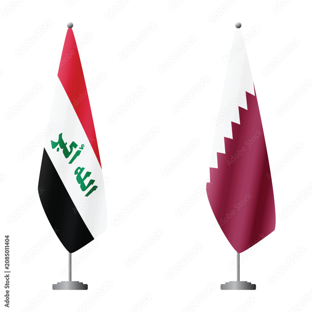 Obraz premium Iraq and Qatar flags on flagpoles for official ceremonies and meetings, transparent background vector