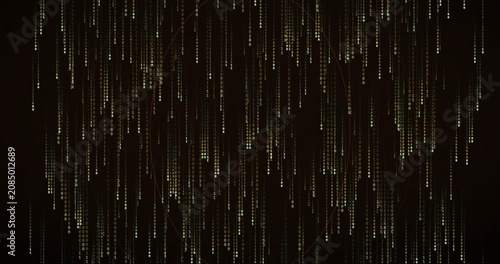 Binary code streams down in a dense, amber-hued matrix rain animation, creating a neon cipher effect.