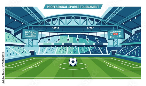Football stadium field with soccer ball vector illustration isolated on white background flat sports arena green pitch design