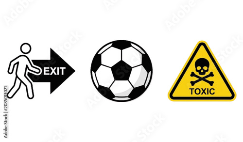Emergency exit arrow soccer ball and toxic danger warning sign set isolated on white background flat vector public information icons illustration design