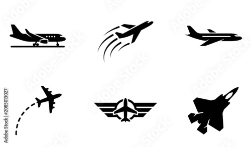 Airplane and aviation vector icons set isolated on white background flat air travel illustration pilot wings badge fighter jet design
