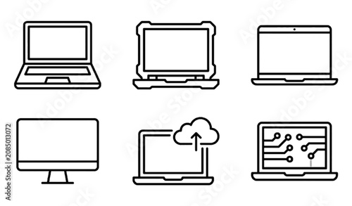 ​Laptop and desktop computer vector icons set isolated on white background flat cloud computing tech illustration hardware circuit line design