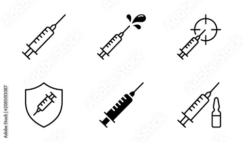 Syringe and vaccine vector icons set isolated on white background flat medical injection illustration immunity shield vial design