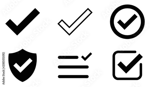 ​Checkmark and tick vector icons set isolated on white background flat task complete check box illustration verified shield design