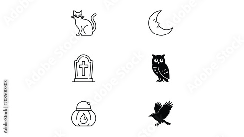 Tableau sur toile Halloween themed icons including cat owl pumpkin and grave  spooky symbols