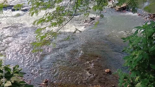 High angle view of fast flowing river water stream rushing over rocks with lush green foliage on the side