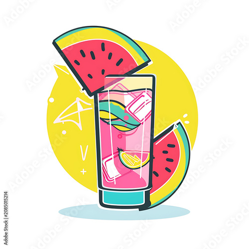 Vibrant flat vector pop art watermelon drink, creative abstract copy space layout, summer refreshing beverage, cafe menu promotional material
