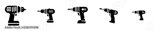 Electric drill icon set. Collection of cordless power drill black silhouette icons isolated on white background. Construction, carpentry and repair work tool vector illustration.