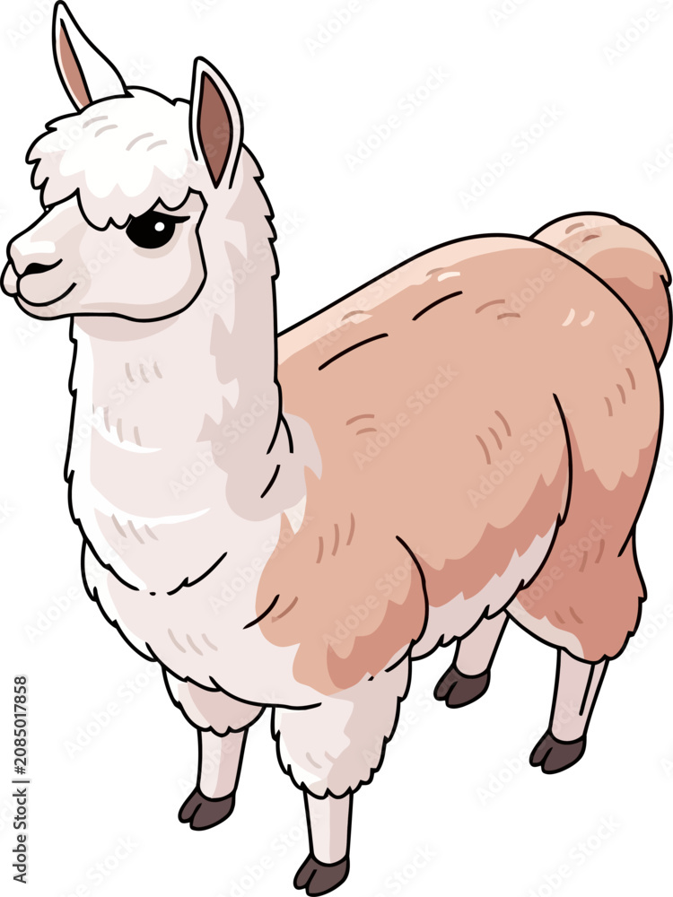 Naklejka premium Fluffy white and beige alpaca standing alert isolated on transparent background