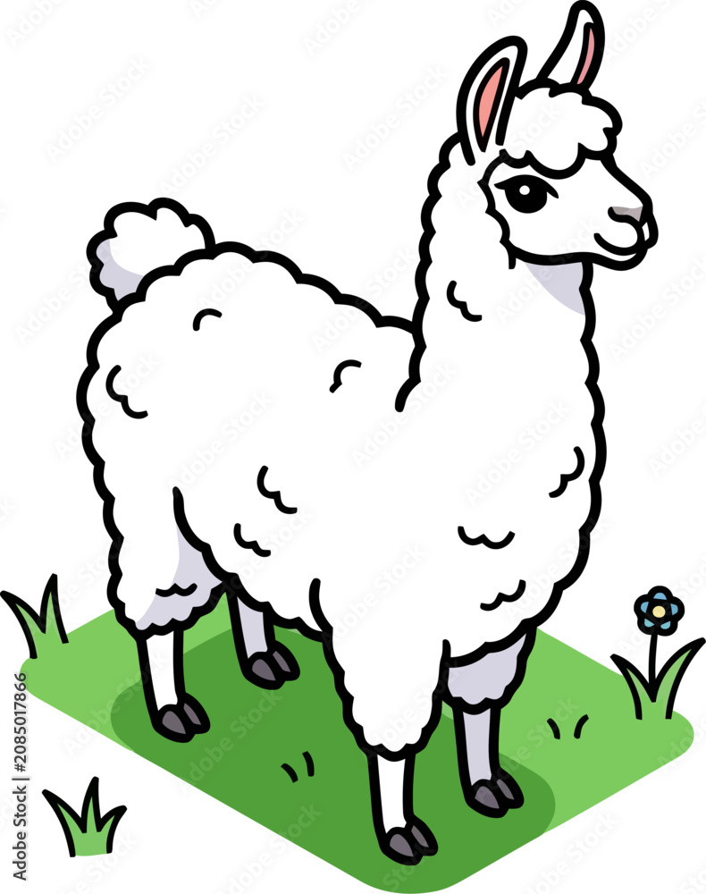 Naklejka premium Fluffy white llama standing on a green grass patch vector cartoon illustration