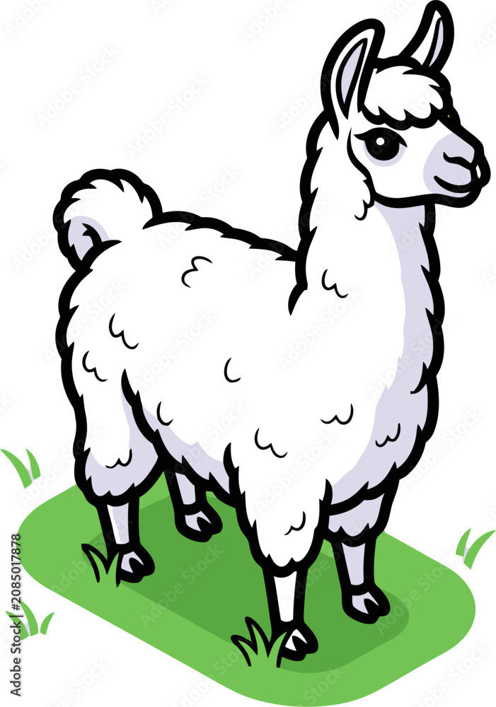 Naklejka premium Fluffy white llama standing on a green isometric grass patch isolated on white