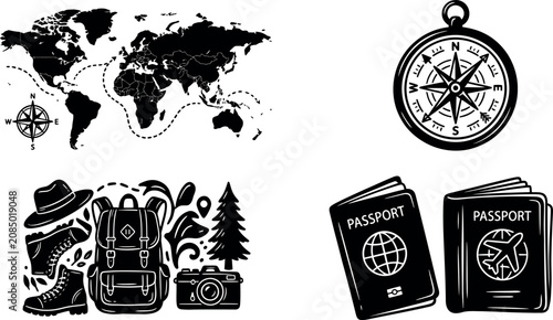 travel adventure exploration journey vacation essential kit with world map compass passports and outdoor gear.