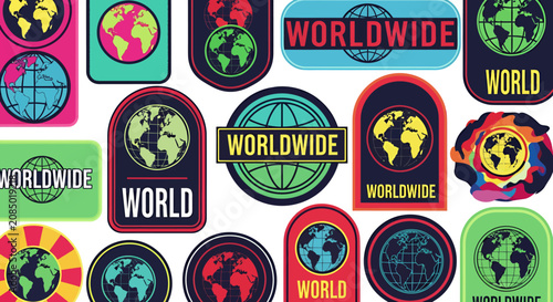 Colorful circular world icons pattern with worldwide badges and globe motifs.