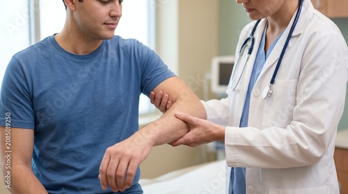 A doctor in a white lab coat gently examines a male patient's arm showing care and concern during a medical consultation in a clinic setting physical therapy examination injury health healthcare
