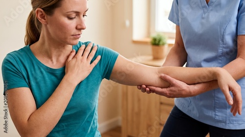 A female patient experiences discomfort in her shoulder area while a therapist gently examines her arm during a physical therapy session indoors physiotherapy pain examination treatment