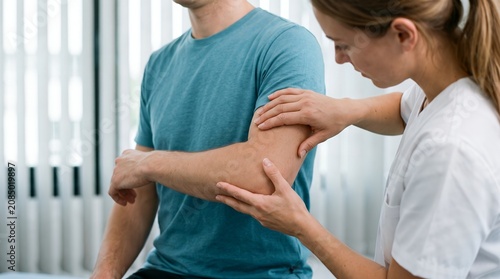 A medical professional gently palpates a patient's arm examining the elbow area in a rehabilitation setting physical therapy physiotherapy physical therapy therapist elbow pain arm examination