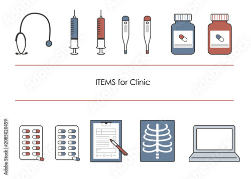 Medical equipment and hospital icon set, clinic items flat vector illustration collection