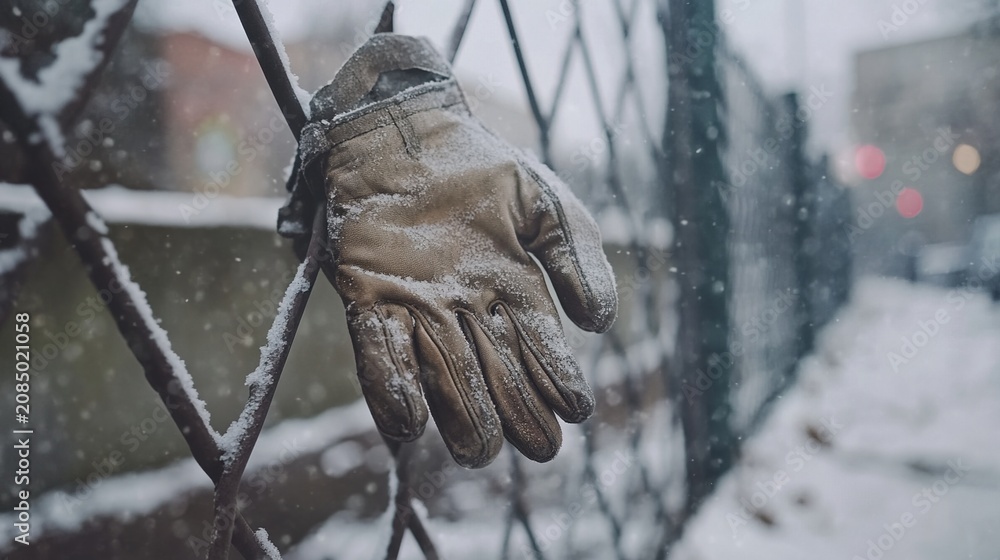 Obraz premium discarded. A single worn leather glove discarded outside a prison fence in morning mist. wellbeing guides, coaching materials, designed for coaching and self-improvement content, used by hr managers.