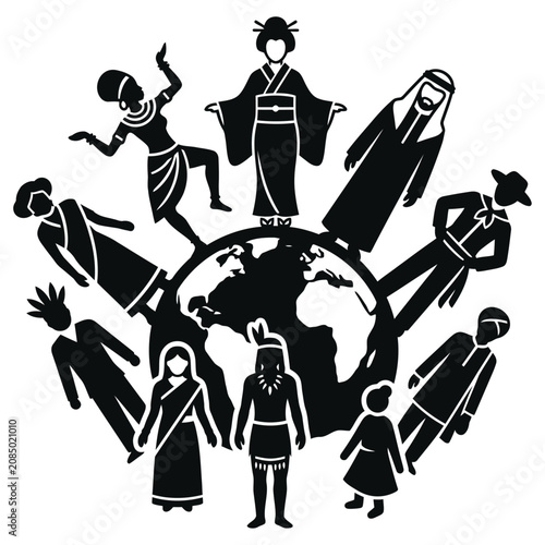 diverse people representing different cultures stand around a world globe symbolizing global unity multiculturalism and human diversity.