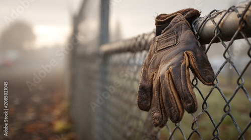 discarded. A single worn leather glove discarded outside a prison fence in morning mist. wellbeing guides, coaching materials, designed for coaching and self-improvement content, used by hr managers.
